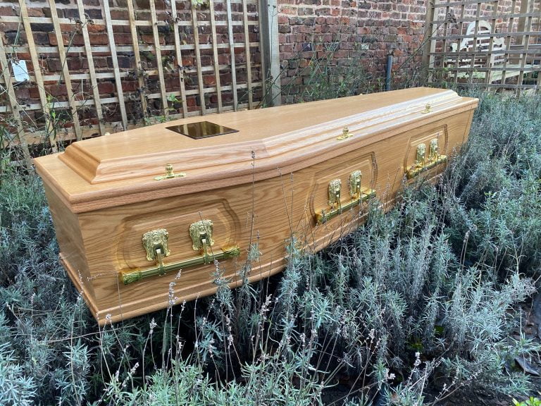 Light Oak Veneer Burial Coffin Raised Lid Panel Sides and Casket Handles