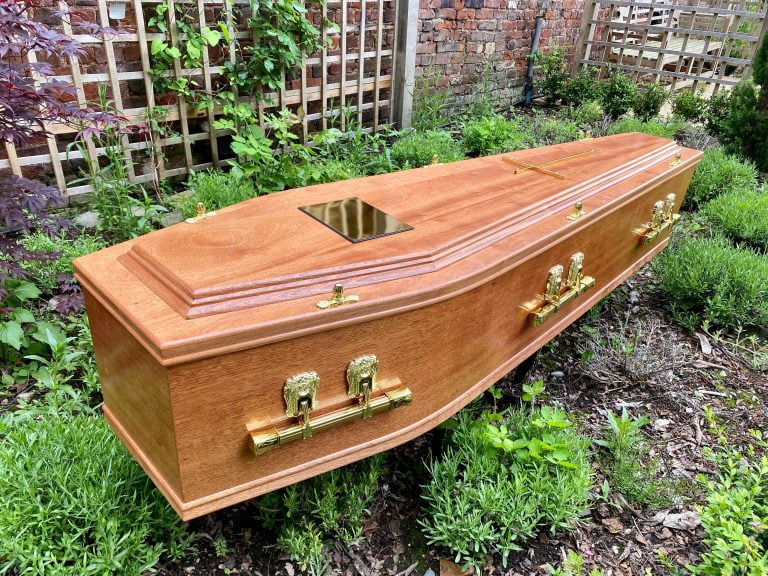 Mahogany Veneer Burial Coffin Raised Lid Bar Handles