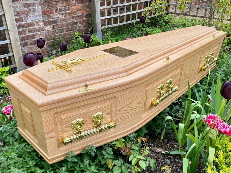 Solid Oak Coffin Raised Lid Panelled Sides Bar Handles