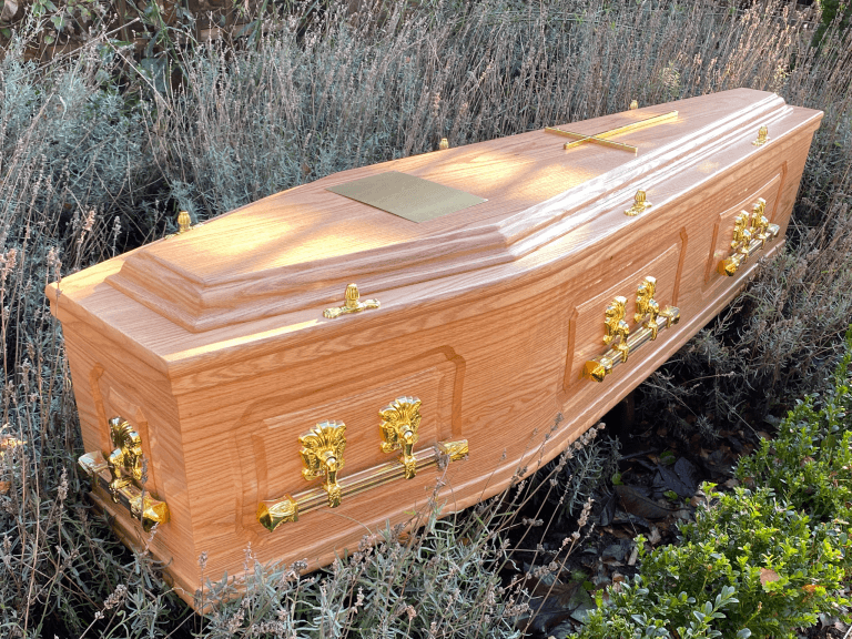 Solid Oak Coffin Raised Lid Piquet Panelled Sides Bar Handles